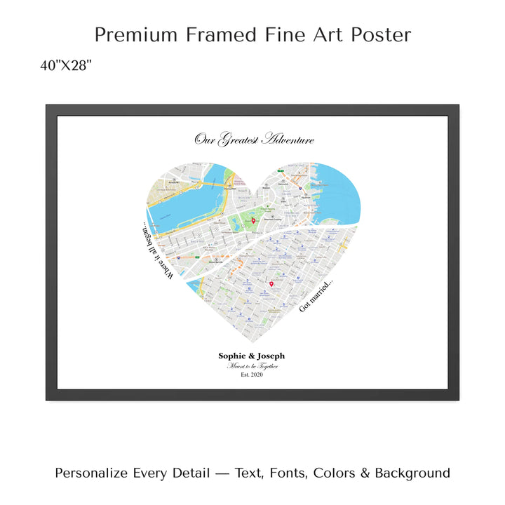 Custom Heart-Shaped Two Location Map Wall Art -40x28 framed poster-ARTFULANE
