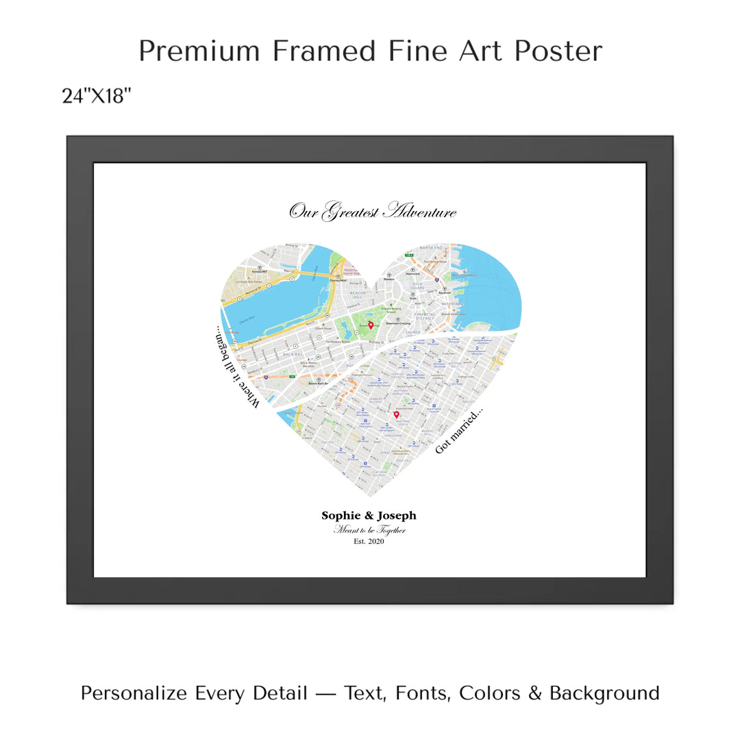 Custom Heart-Shaped Two Location Map Wall Art -24x18 framed poster-ARTFULANE
