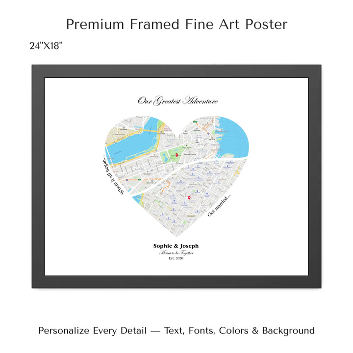 Custom Heart-Shaped Two Location Map Wall Art -24x18 framed poster-ARTFULANE