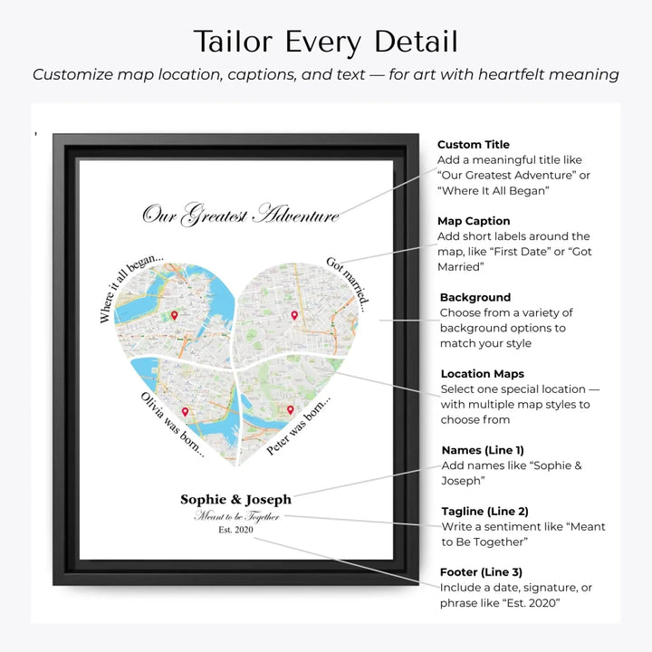 Personalized heart map print showing four meaningful locations with custom title, labels, names, and date - Customization Options-ARTFULANE