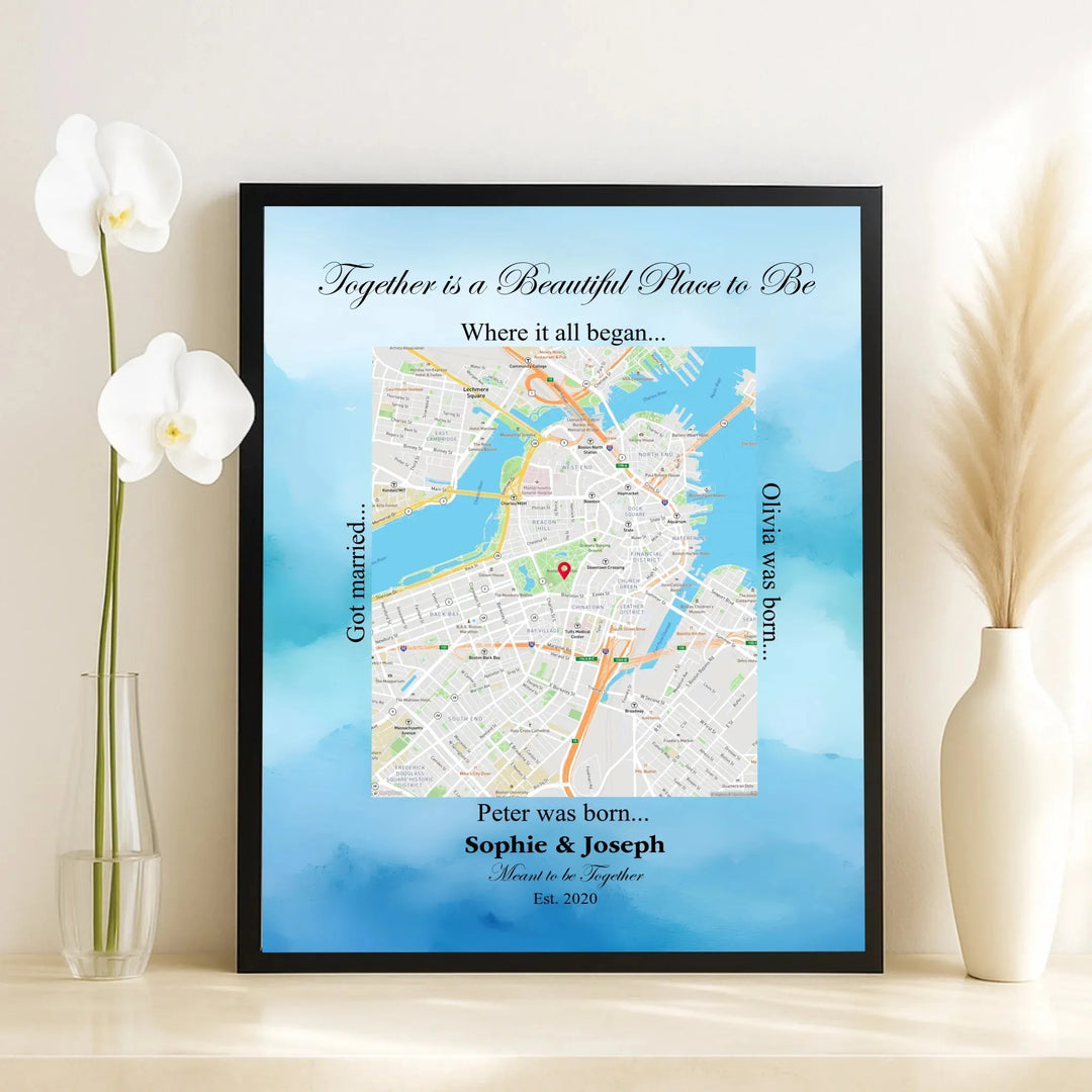 Custom Rectangle Location Map Wall Art -framed canvas on table-ARTFULANE