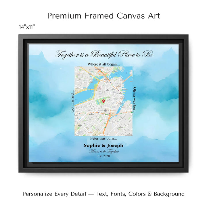Custom Rectangle Location Map Wall Art -14x11 framed canvas-ARTFULANE