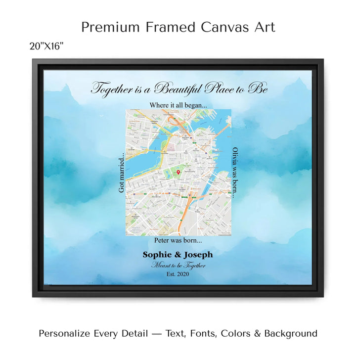 Custom Rectangle Location Map Wall Art -20x16 framed canvas-ARTFULANE