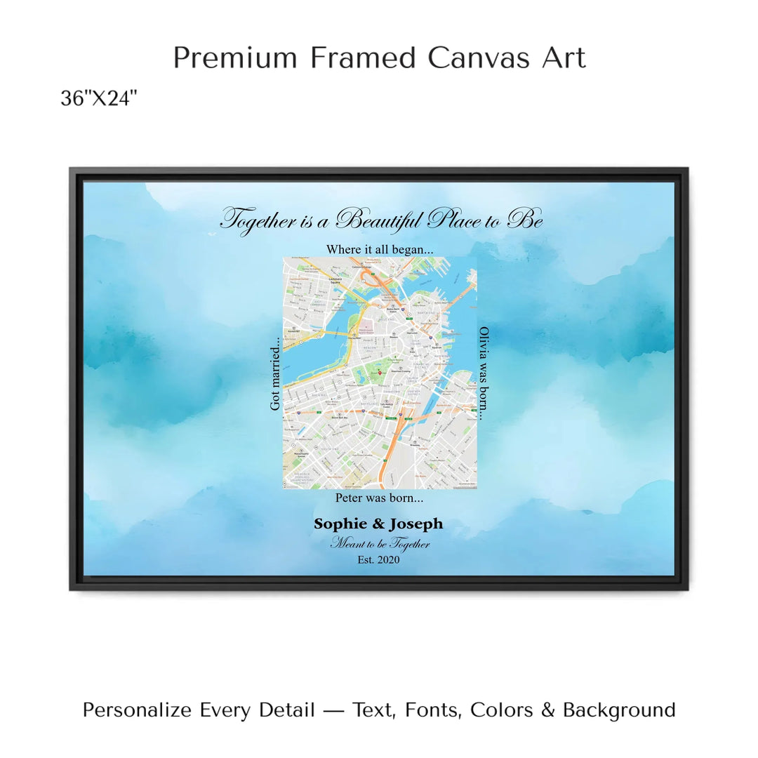 Custom Rectangle Location Map Wall Art -36x24 framed canvas-ARTFULANE