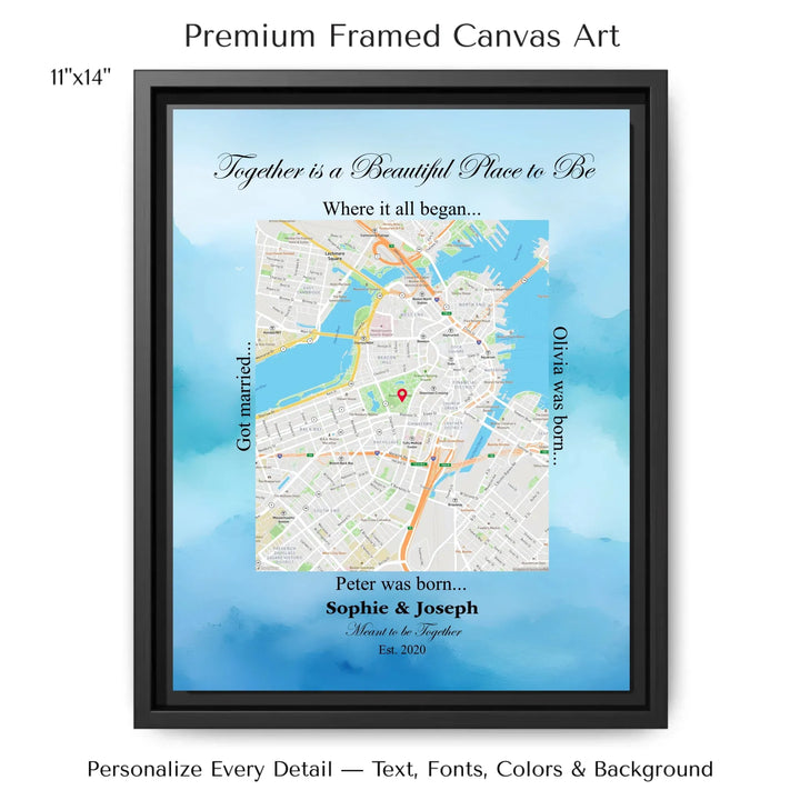 Custom Rectangle Location Map Wall Art -11x14 framed canvas-ARTFULANE