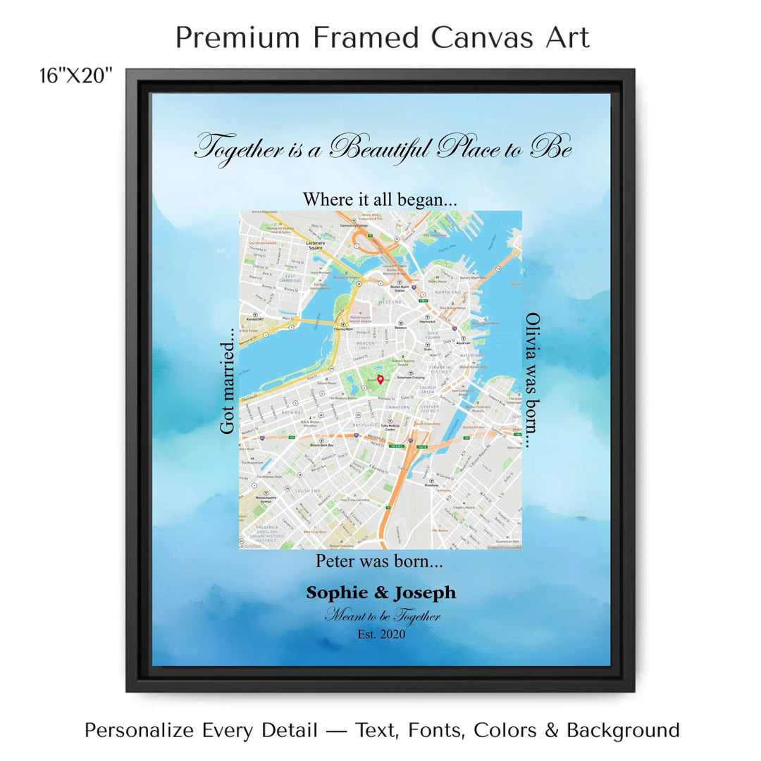 Custom Rectangle Location Map Wall Art -16x20 framed canvas-ARTFULANE