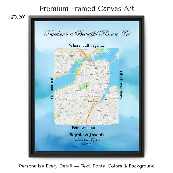Custom Rectangle Location Map Wall Art -16x20 framed canvas-ARTFULANE