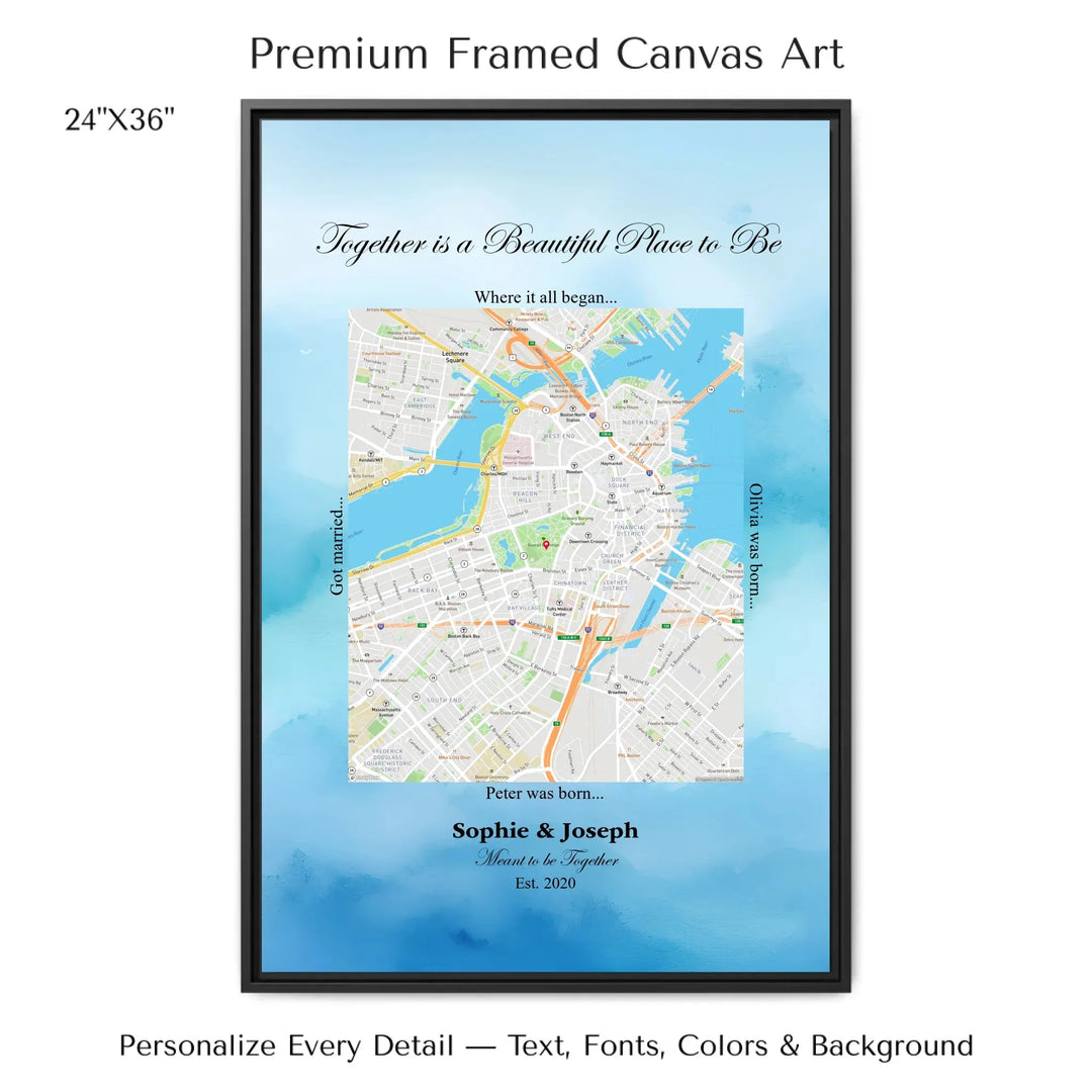 Custom Rectangle Location Map Wall Art -24x36 framed canvas-ARTFULANE