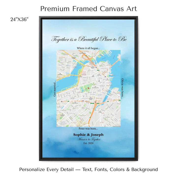 Custom Rectangle Location Map Wall Art -24x36 framed canvas-ARTFULANE