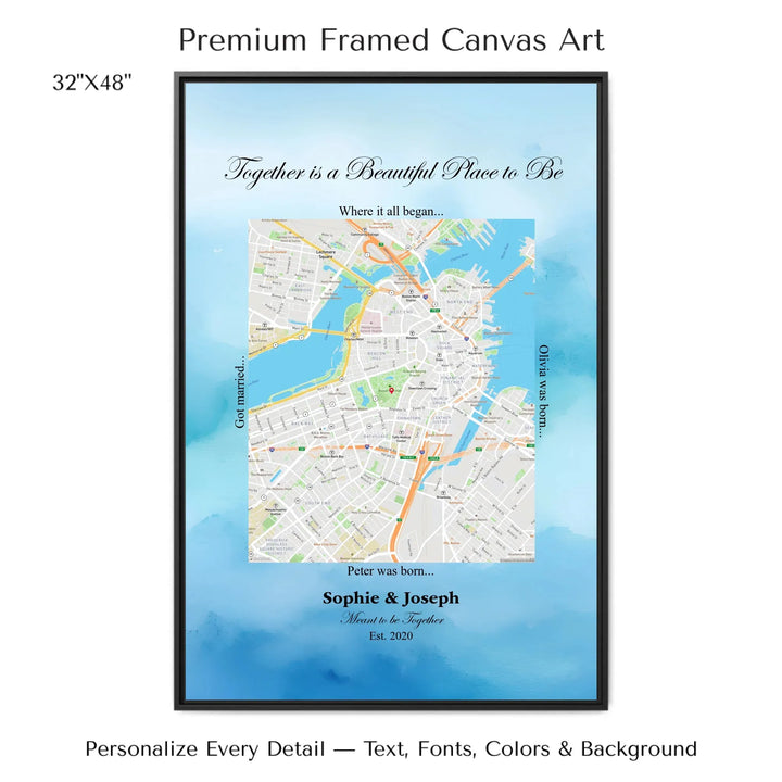 Custom Rectangle Location Map Wall Art -32x48 framed canvas-ARTFULANE