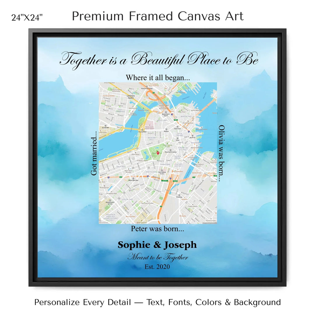 Custom Rectangle Location Map Wall Art -24x24 framed canvas-ARTFULANE