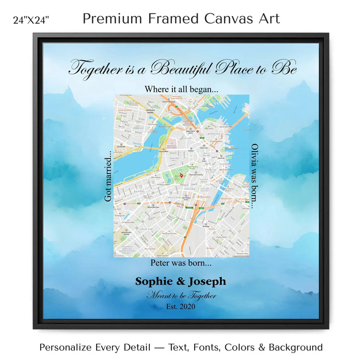 Custom Rectangle Location Map Wall Art -24x24 framed canvas-ARTFULANE
