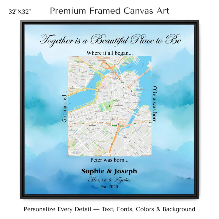 Custom Rectangle Location Map Wall Art -32x32 framed canvas-ARTFULANE