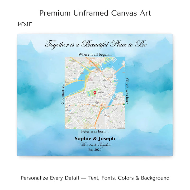 Custom Rectangle Location Map Wall Art -14x11 stretched canvas-ARTFULANE