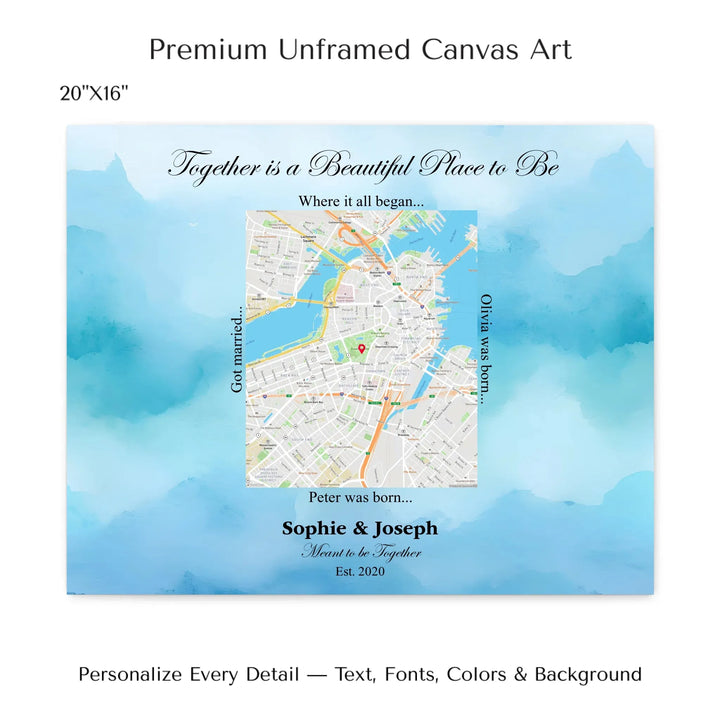 Custom Rectangle Location Map Wall Art -20x16 stretched canvas-ARTFULANE