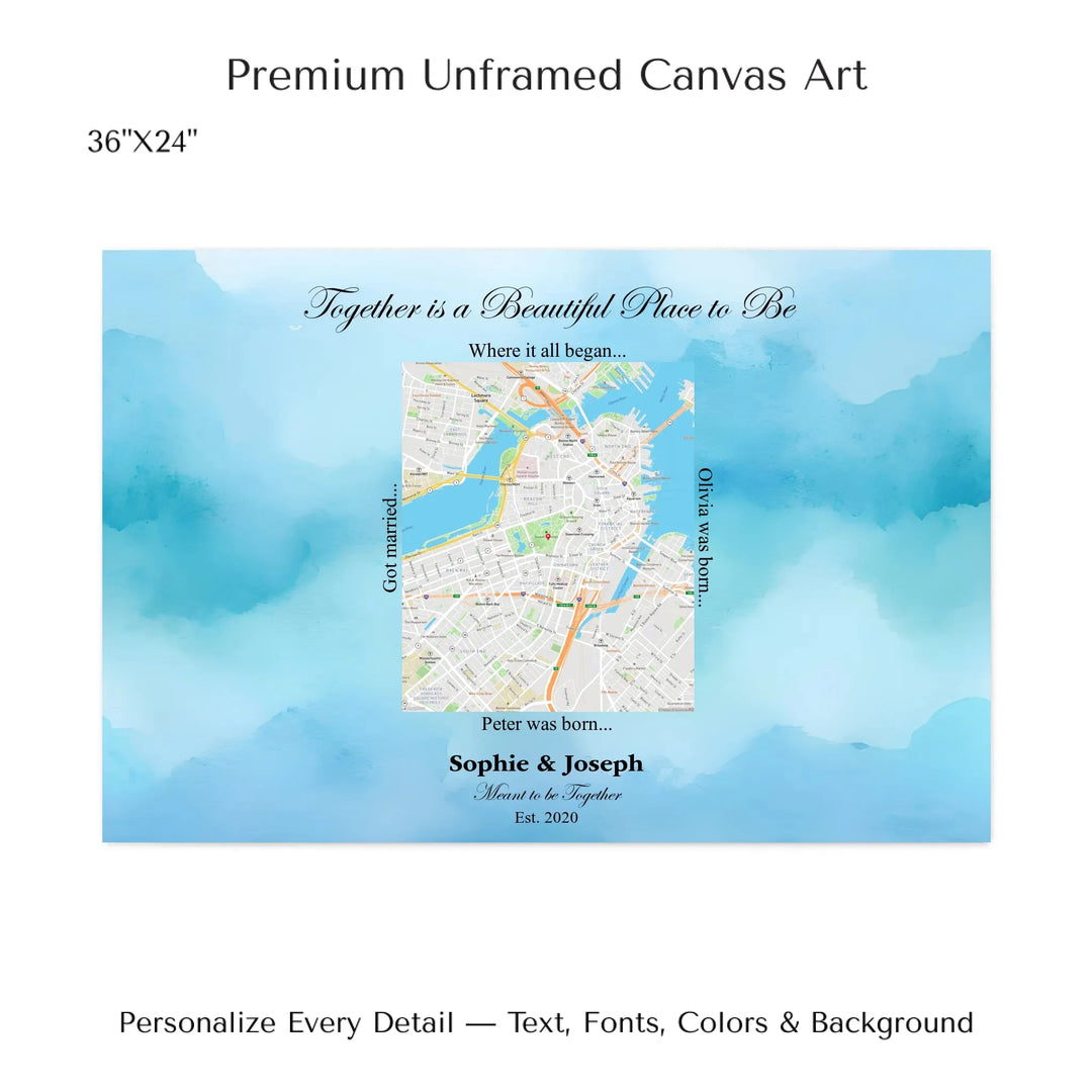 Custom Rectangle Location Map Wall Art -36x24 stretched canvas-ARTFULANE