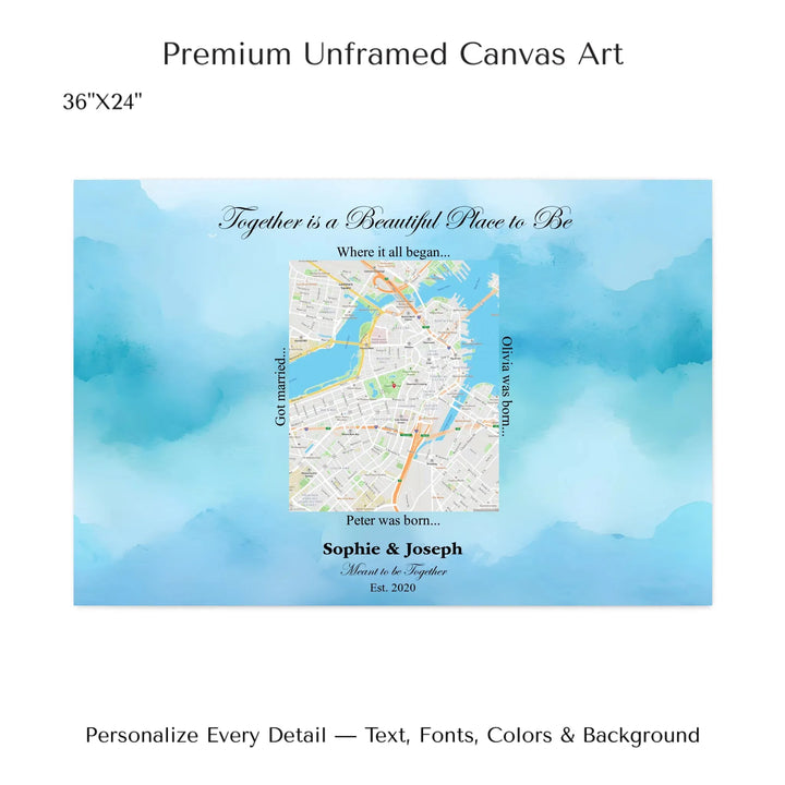 Custom Rectangle Location Map Wall Art -36x24 stretched canvas-ARTFULANE