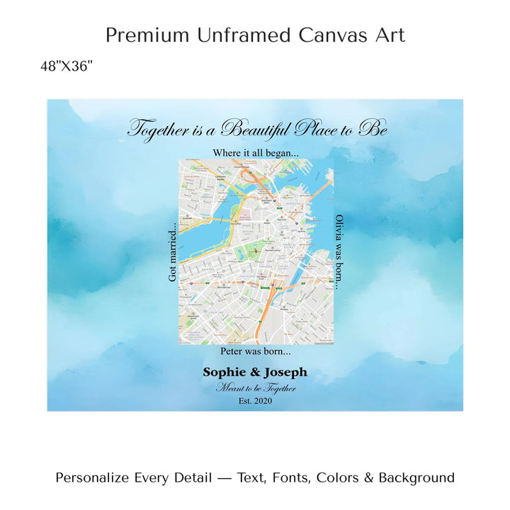 Custom Rectangle Location Map Wall Art -48x36 stretched canvas-ARTFULANE