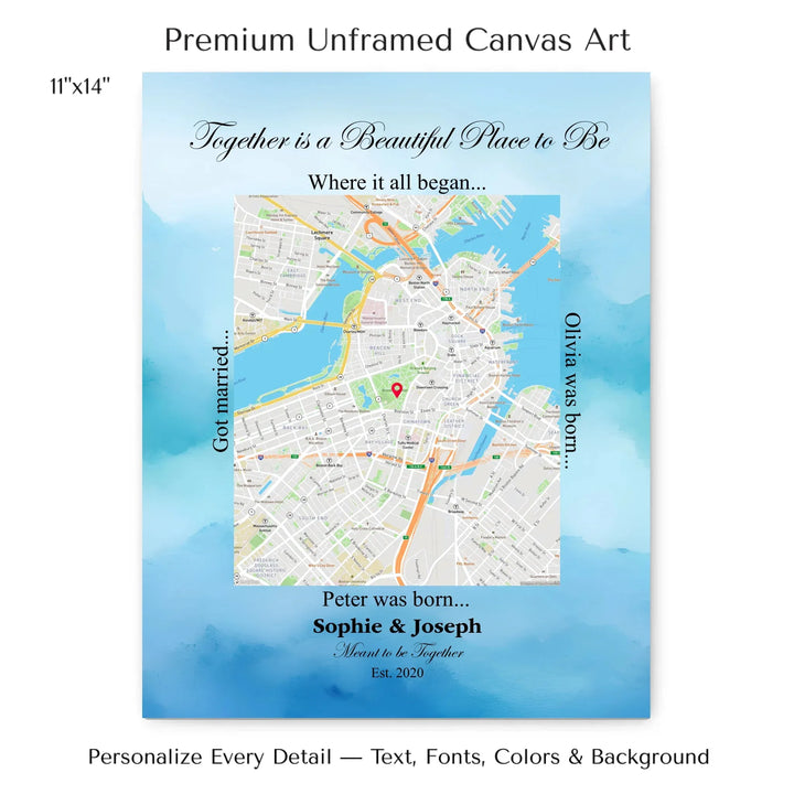 Custom Rectangle Location Map Wall Art -11x14 stretched canvas-ARTFULANE