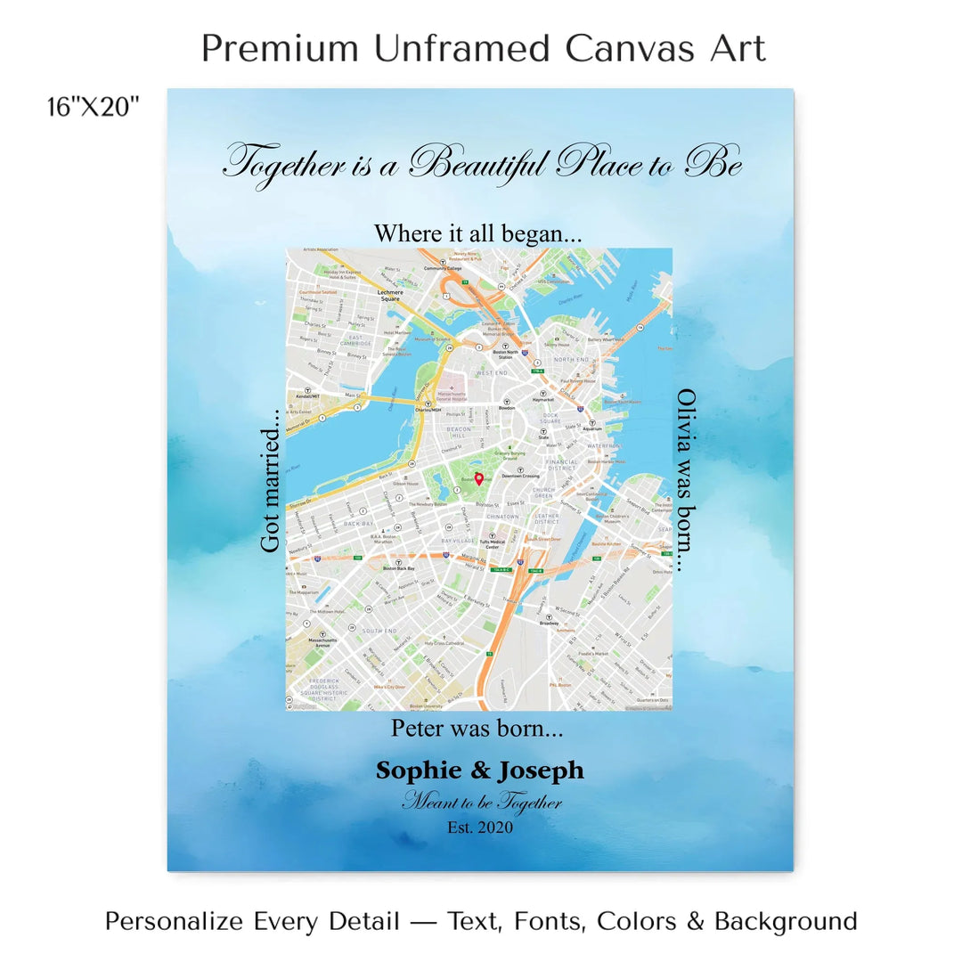 Custom Rectangle Location Map Wall Art -16x20 stretched canvas-ARTFULANE