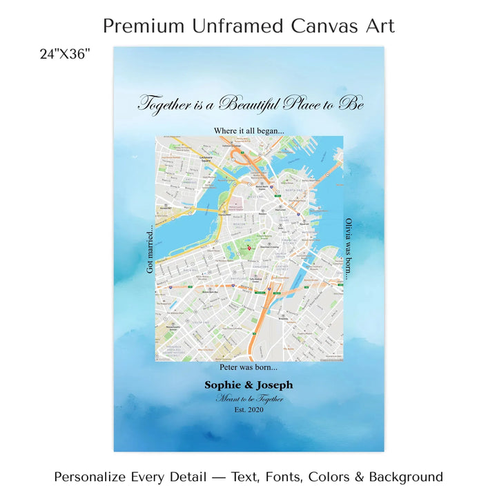 Custom Rectangle Location Map Wall Art -24x36 stretched canvas-ARTFULANE