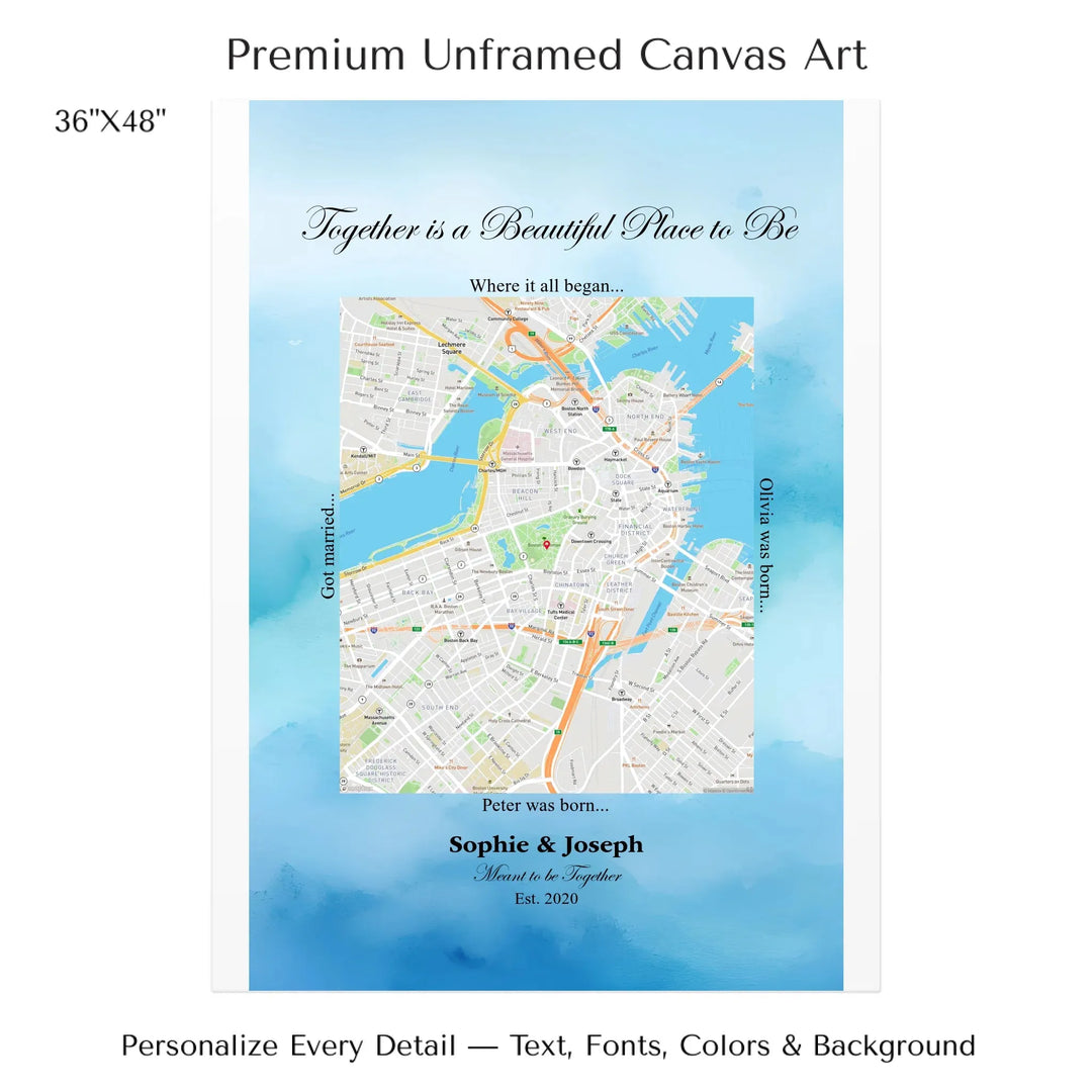 Custom Rectangle Location Map Wall Art -36x48 stretched canvas-ARTFULANE