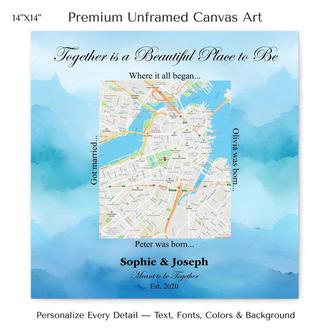 Custom Rectangle Location Map Wall Art -14x14 stretched canvas-ARTFULANE