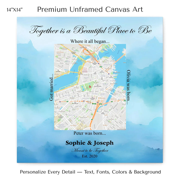 Custom Rectangle Location Map Wall Art -14x14 stretched canvas-ARTFULANE
