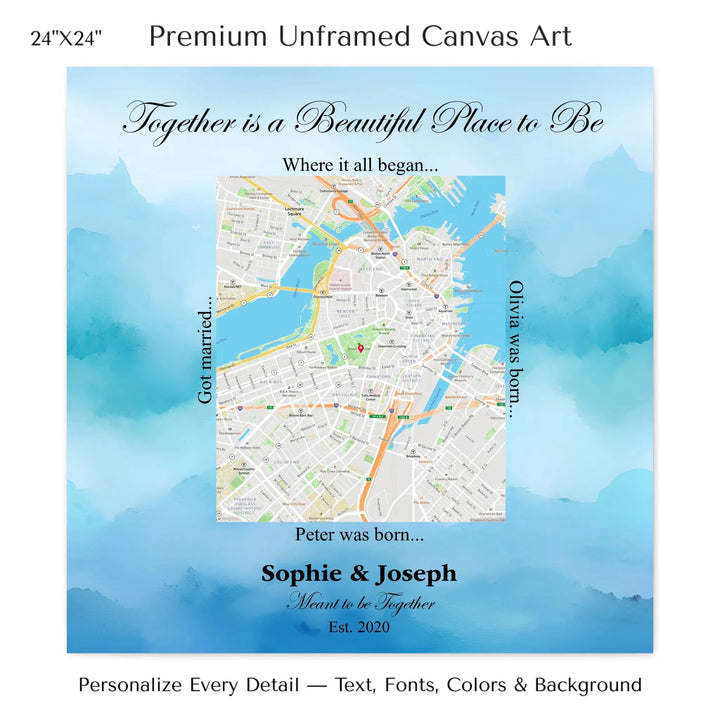 Custom Rectangle Location Map Wall Art -24x24 stretched canvas-ARTFULANE
