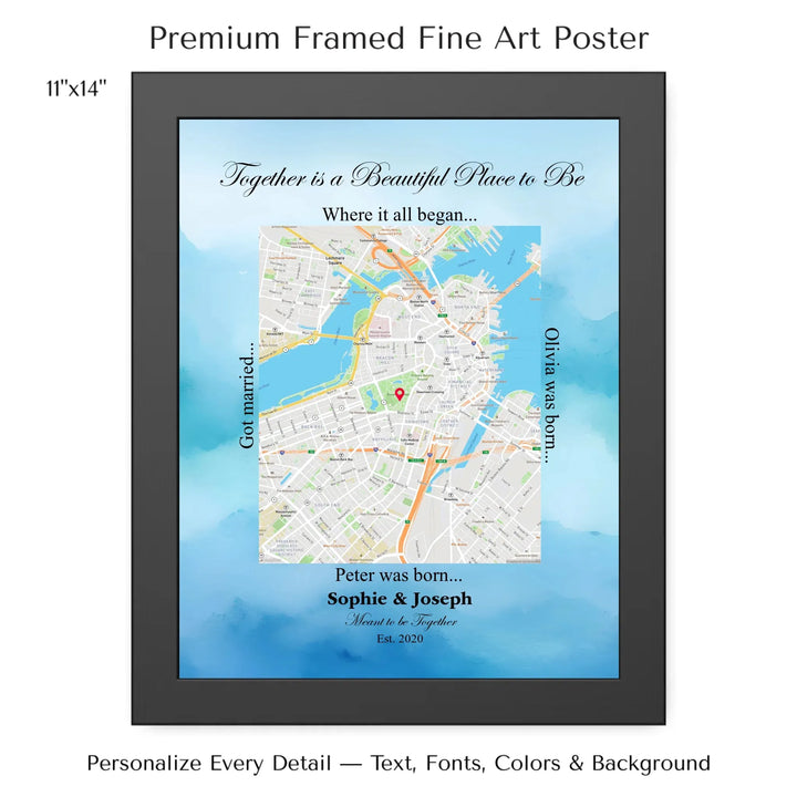 Custom Rectangle Location Map Wall Art -11x14 framed poster-ARTFULANE