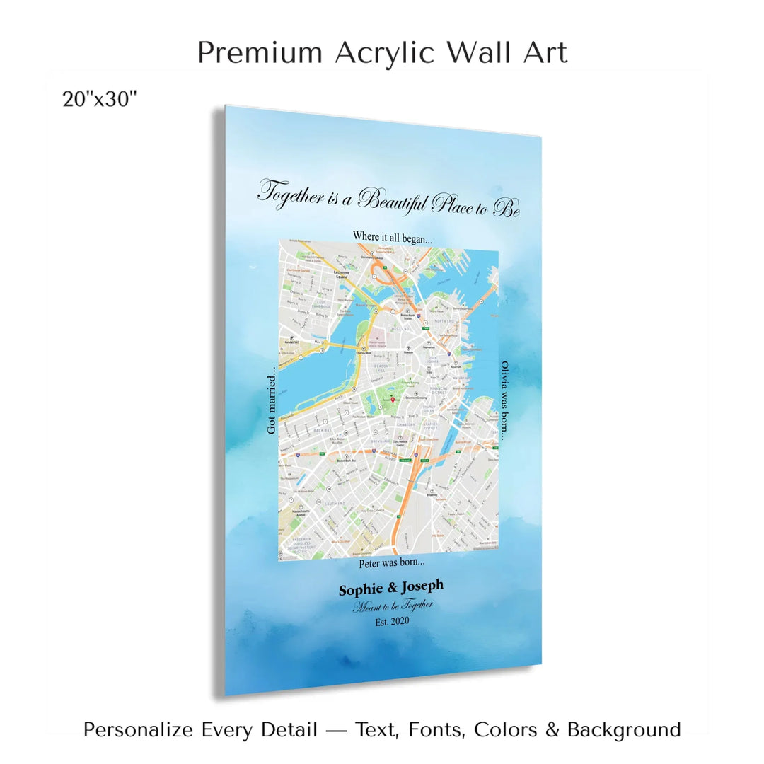Custom Rectangle Location Map Wall Art -20x30 acrylic print with french cleat-ARTFULANE