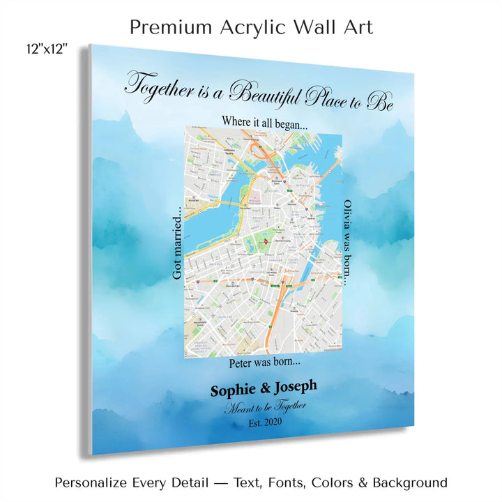 Custom Rectangle Location Map Wall Art -12x12 acrylic print with french cleat-ARTFULANE