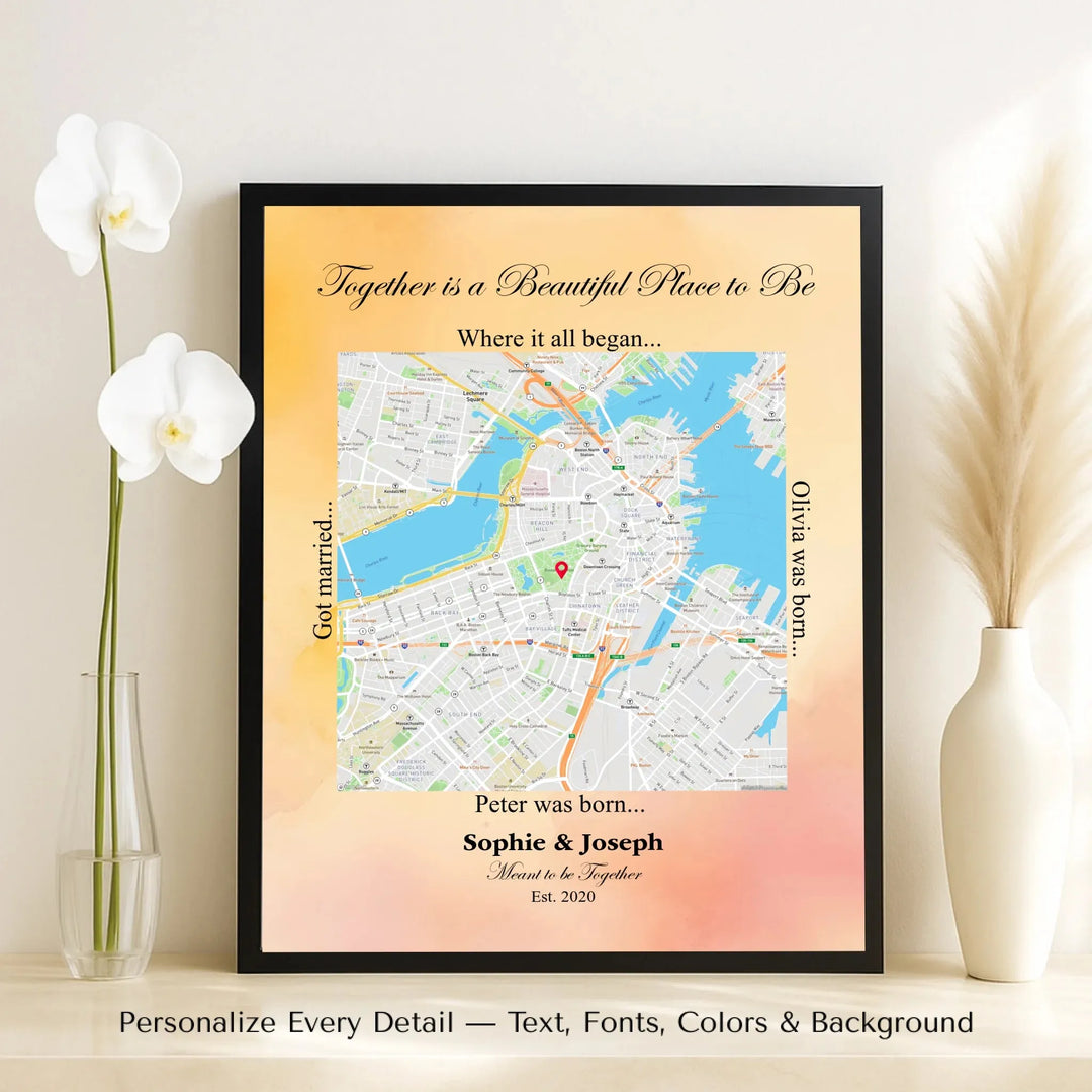 Custom Square Location Map Wall Art -framed canvas on table-ARTFULANE
