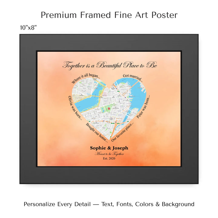 Custom Heart-Shaped Location Map Wall Art -10x8 framed poster-ARTFULANE