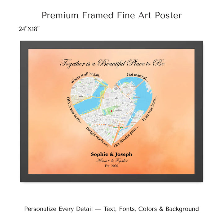 Custom Heart-Shaped Location Map Wall Art -24x18 framed poster-ARTFULANE