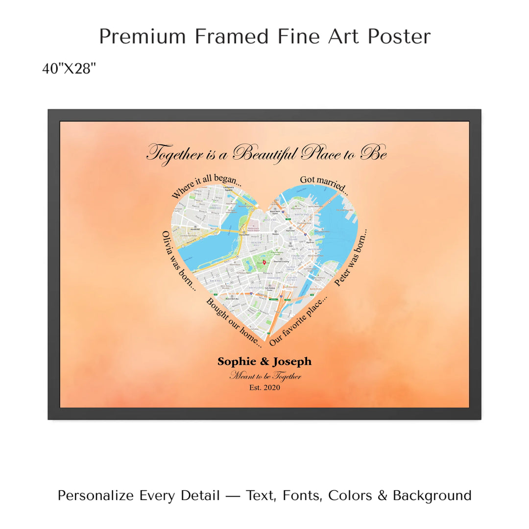 Custom Heart-Shaped Location Map Wall Art -40x28 framed poster-ARTFULANE