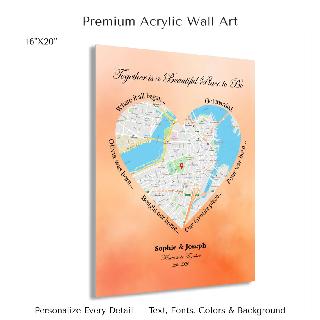Custom Heart-Shaped Location Map Wall Art -16x20 acrylic print with french cleat-ARTFULANE