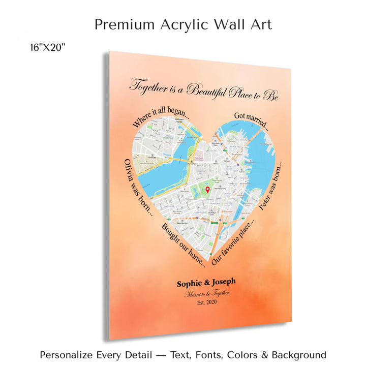 Custom Heart-Shaped Location Map Wall Art -16x20 acrylic print with french cleat-ARTFULANE