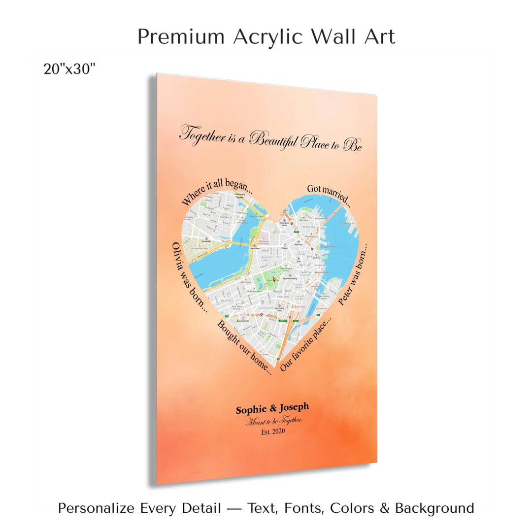 Custom Heart-Shaped Location Map Wall Art -20x30 acrylic print with french cleat-ARTFULANE