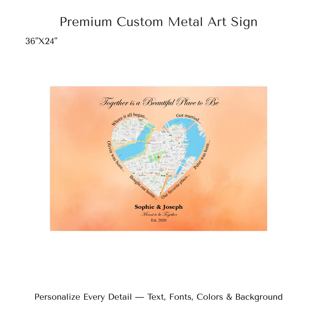 Custom Heart-Shaped Location Map Wall Art -36x24 metal art sign-ARTFULANE