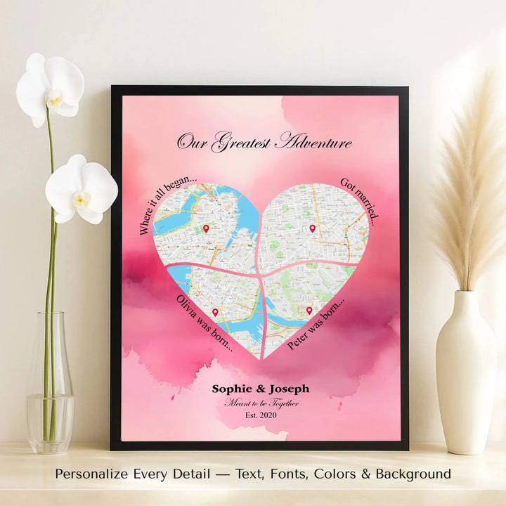 Personalized heart map print showing four meaningful locations with custom title, labels, names, and date - framed canvas on table-ARTFULANE
