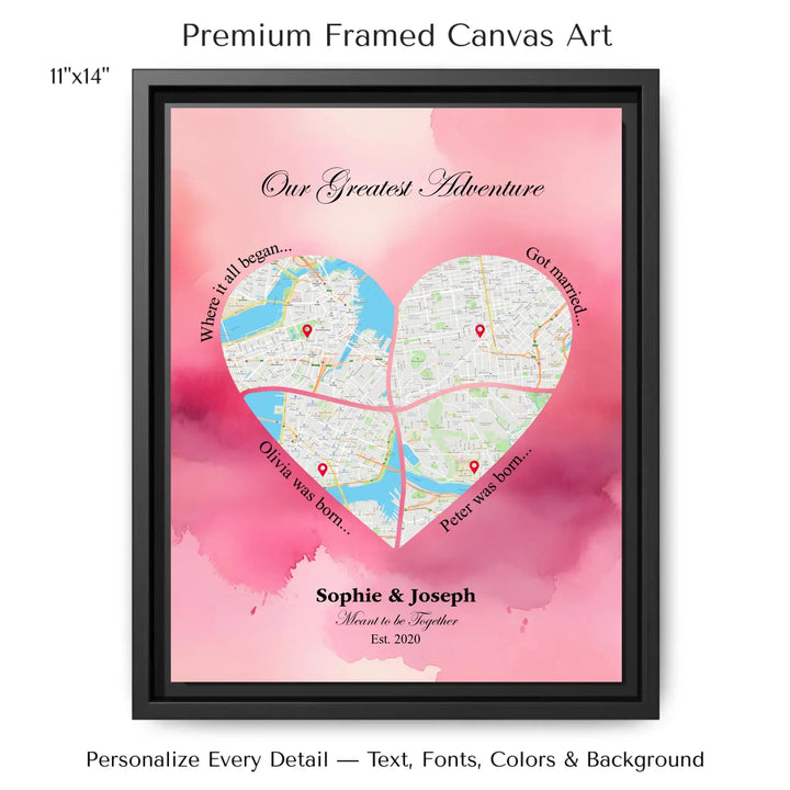 Personalized heart map print showing four meaningful locations with custom title, labels, names, and date - 11x14 framed canvas-ARTFULANE