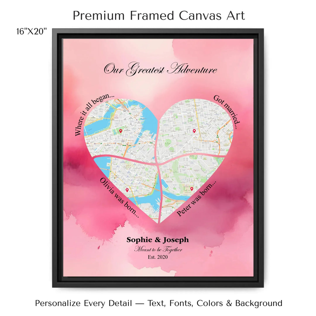 Personalized heart map print showing four meaningful locations with custom title, labels, names, and date - 16x20 framed canvas-ARTFULANE