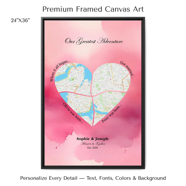 Personalized heart map print showing four meaningful locations with custom title, labels, names, and date - 24x36 framed canvas-ARTFULANE