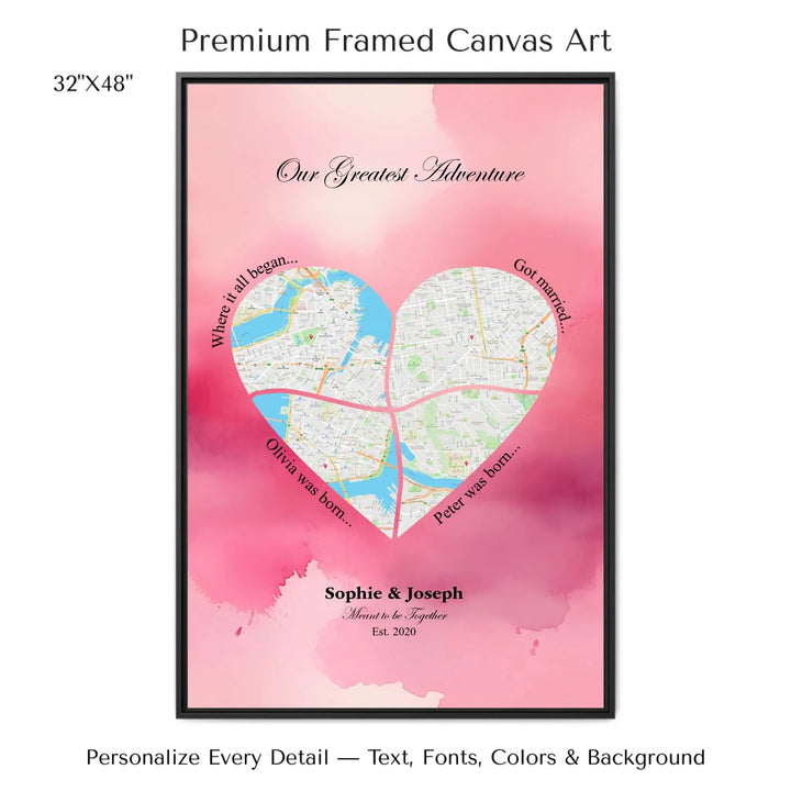 Personalized heart map print showing four meaningful locations with custom title, labels, names, and date - 32x48 framed canvas-ARTFULANE