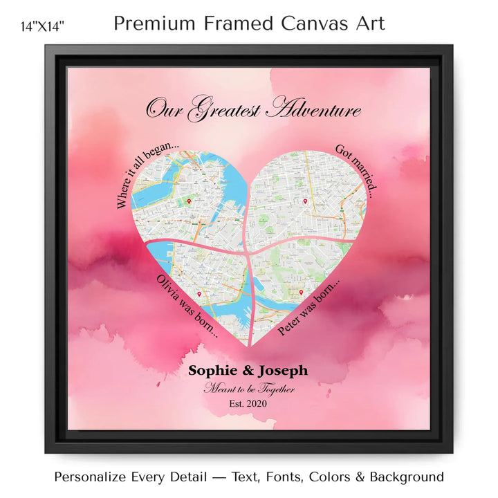 Personalized heart map print showing four meaningful locations with custom title, labels, names, and date - 14x14 framed canvas-ARTFULANE