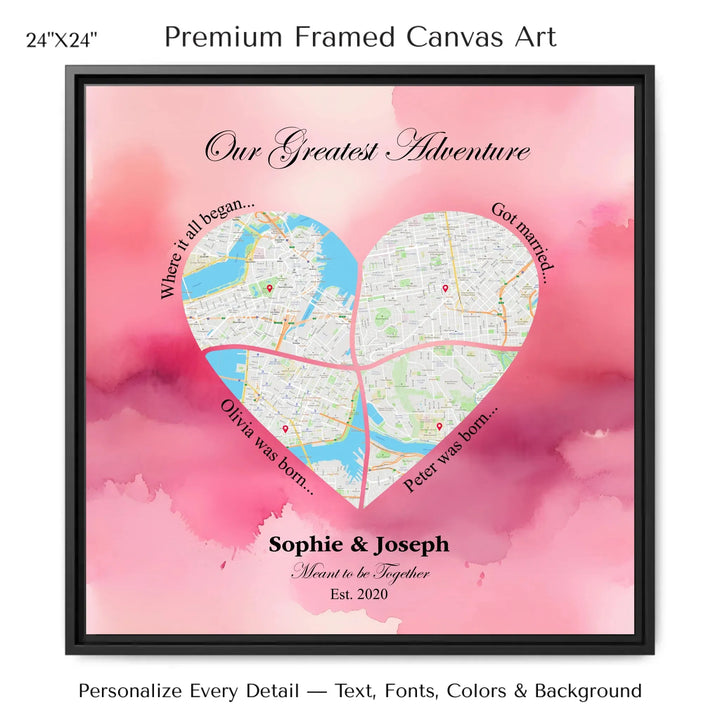 Personalized heart map print showing four meaningful locations with custom title, labels, names, and date - 24x24 framed canvas-ARTFULANE