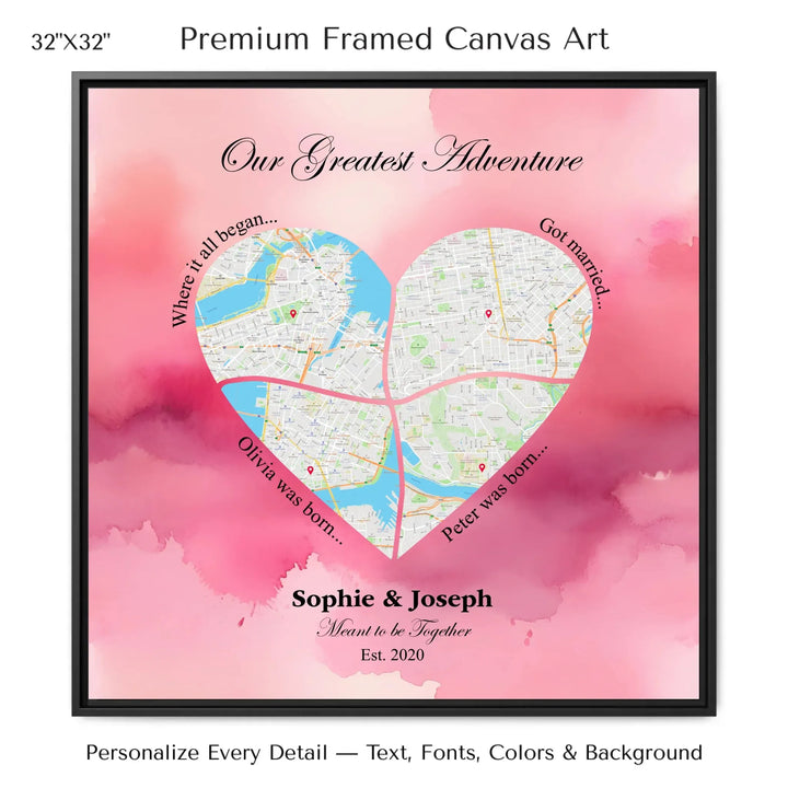 Personalized heart map print showing four meaningful locations with custom title, labels, names, and date - 32x32 framed canvas-ARTFULANE