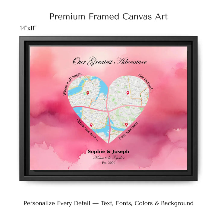 Personalized heart map print showing four meaningful locations with custom title, labels, names, and date - 14x11 framed canvas-ARTFULANE