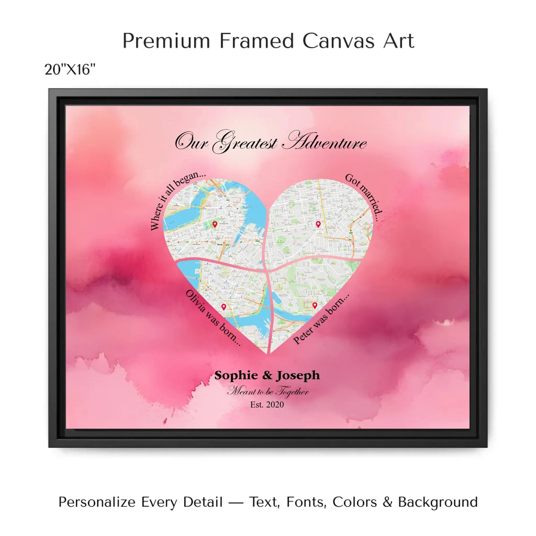 Personalized heart map print showing four meaningful locations with custom title, labels, names, and date - 20x16 framed canvas-ARTFULANE